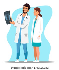 Doctor and nurse study and discuss x-ray patient lung image. Man pulmonologist and woman therapist assistant examine fluorography result, disease determination. Medicine and pulmonological care