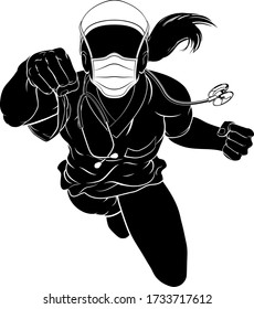 A doctor or nurse super hero woman in silhouette flying while wearing PPE mask and scrubs.