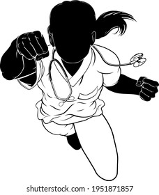 A doctor or nurse super hero woman in silhouette flying wearing hospital medical scrubs.