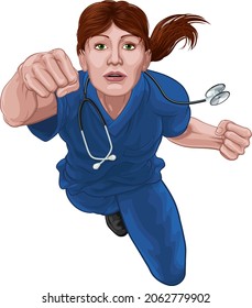 A doctor or nurse super hero woman concept. A female medical healthcare professional in scrubs as a superhero flying through the air. 