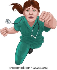 A doctor or nurse super hero woman concept. A female medical healthcare professional in scrubs as a superhero flying through the air. 