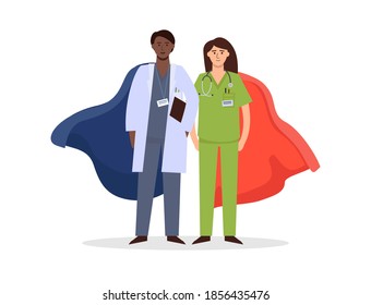 Doctor and nurse superheroes. Health care workers dressed in a cloak stand nearby. Front of protection against coronavirus.