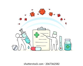 Doctor and nurse with syringe, clipboard, medical drugs, thermometer and infection bacterias. Vector doodle illustration of disease treatment and protection against virus