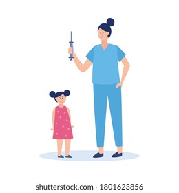 Doctor or nurse with syringe in hands and little child girl for childrens vaccination and immunization topic, cartoon vector illustration isolated on white background.