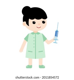 Doctor nurse with syringe in uniform ready for flu covid19 vaccination injection shot isolated on white vector.Cute cartoon female character.Colored flat doodle style.Hospital medical tools equipment.