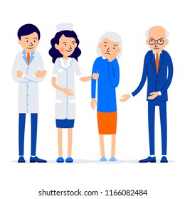 Doctor and nurse are taking sick woman, next to her husband. Elderly woman with a toothache. Illustration of people characters isolated on white background in flat style.
