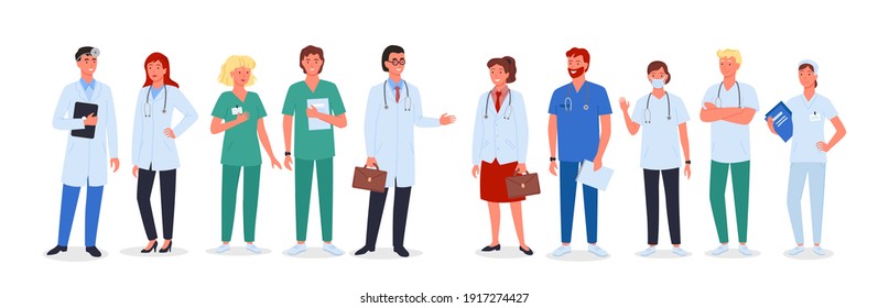 Doctor nurse team vector illustration set. Cartoon medic worker characters in uniform and medical masks standing collection, medicine people holding emergency box, stethoscope isolated on white