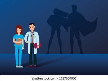 Doctor and nurse and they shadow on the wall that look like a hero. Hospital staff, nurses heroes fight coronavirus pandemic. The real superhero on fighting coronavirus