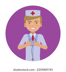 Doctor or nurse in uniform with stethoscope in hands. Multicolored flat vector circle icon representing people activities and professions. Job concept isolated on white background