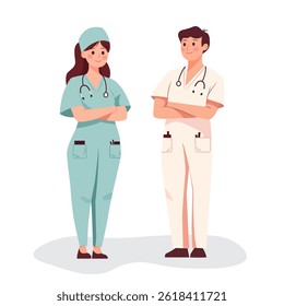 A doctor and a nurse in uniform with a stethoscope.  The medical staff at the clinic are isolated on a white background. Flat vector illustration