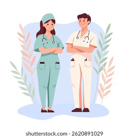 Um médico e uma enfermeira fardados com um estetoscópio.  A equipe médica da clínica.  Ilustração de vetor plano