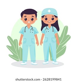 A doctor and a nurse in uniform with a stethoscope.  The medical staff at the clinic.  Flat vector illustration
