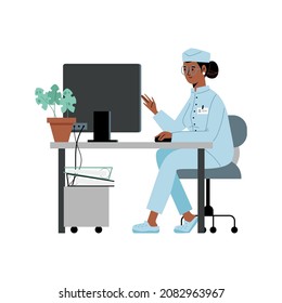 Doctor or nurse in uniform at workplace works on computer in flat vector illustration isolated on white. Female medic cartoon character sitting at office desk, using pc to work with research