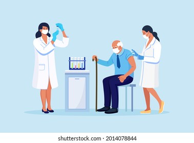 Doctor Or Nurse Vaccinates A Senior Patient. Vaccination Against Coronavirus, Flu, Viruses, Infections Or Diseases. Syringe With Medicine. Immunization Of Adults With Covid Vaccine Vector Illustration