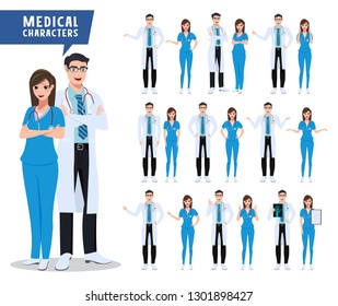 Doctor and nurse vector character set. Medical and health care characters with various poses for presentation isolated in white. Vector illustration.