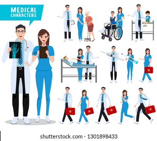 Doctor and nurse vector character set. Health care and medical workers with patients and holding medical tools. Vector illustration.