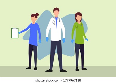 Doctor and nurse vector concept: group of doctor and nurses standing together while holding a clipboard