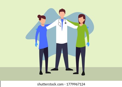 Doctor and nurse vector concept: group of doctor and nurses hugging each other