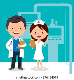 Doctor and Nurse. Vector illustration of a smiling doctor and nurse on the background of hospital ward.