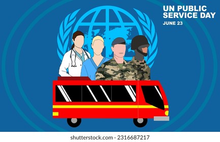 a doctor, nurse, veteran soldier and soldier with a red public bus and bold text commemorating UN Public Service Day on June 23