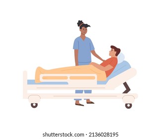 Doctor or nurse visit patient at hospital. Medical personnel working at clinic. Sick old man lying on bed. Private healthcare. Vector flat illustration isolated on white background.