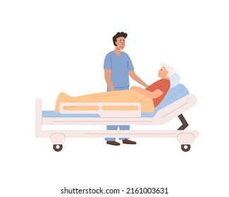 Doctor Or Nurse Visit Patient At Hospital. Medical Personnel Working At Clinic. Home Care Services For Elderly People. Sick Old Man Lying On Bed. Residential Care Facility. Vector Flat Illustration.