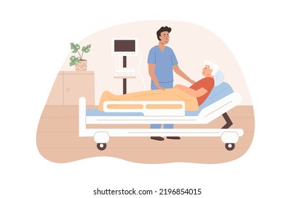 Doctor or nurse visit patient at hospital. Medical personnel working at clinic interior. Home care services for elderly people. Sick old man lying on bed. Residential care facility. Vector .