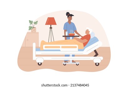 Doctor or nurse visit patient at old age home. Medical worker working at hospital. Sick senior man lying on bed. Home care services for elderly people. Residential care facility. Vector illustration.