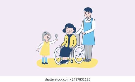 Doctor or nurse visit patient at old age home. Medical worker working at hospital. Sick senior man lying on bed. Home care services for elderly people. Residential care facility. Vector illustration.