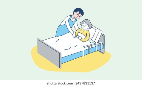Doctor or nurse visit patient at old age home. Medical worker working at hospital. Sick senior man lying on bed. Home care services for elderly people. Residential care facility. Vector illustration.