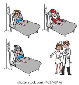 Doctor and nurse visit patients on ward cartoon drawing