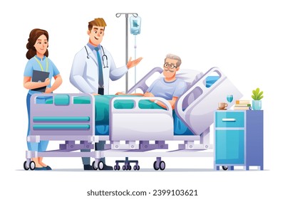 Doctor and nurse visit a senior man lying on hospital bed. Patient hospitalization concept. Vector cartoon illustration