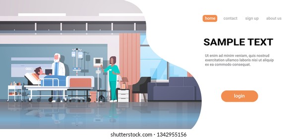 doctor and nurse visiting patient man lying bed with dropper intensive therapy ward healthcare concept hospital room interior modern medical clinic horizontal full length copy space