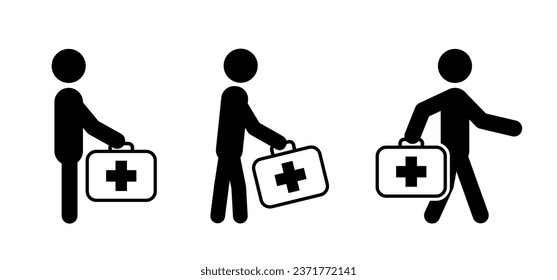 Doctor or nurse walks with doctor's bag. Stickman walk icon. Stick figures man with first aid bag. Vector medical communication sign. Drawing cartoon ambulance person. Hospital health treatment idea