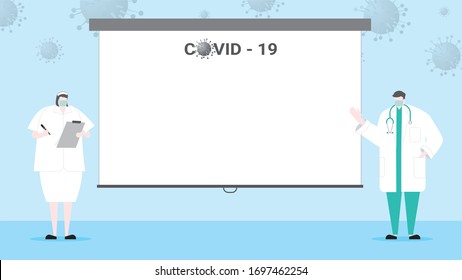 doctor and nurse wear surgical mask explain about how to protect corona virus covid-19 by slide blank slide presentation