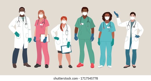 Doctor and Nurse wearing Face Mask and Medical Gloves. Medical people profession modern vector flat illustration. Doctor and hospital staff cartoon characters.