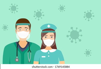 Doctor and nurse wearing face mask and a plastic medical face shield. Close up shot man and woman face wearing Covid-19 coronavirus protective mask. Virus protection equipment. Healthcare concept.