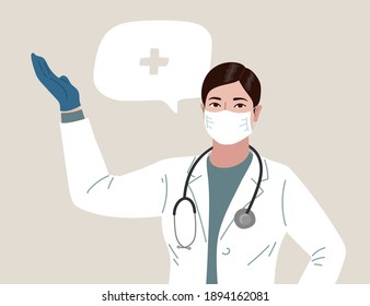 Doctor or Nurse wearing Face Mask and Medical Gloves. Asian medical person profession modern vector flat illustration. Doctor and hospital staff cartoon character and speech bubble. 