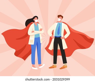 Doctor and nurse wearing face mask and superhero cape, flat illustration.