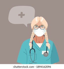 Doctor or Nurse wearing Medical Face Mask. Young medical person profession modern vector flat illustration. Doctor and hospital staff cartoon character and speech bubble. 