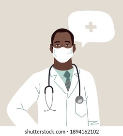 Doctor or Nurse wearing Medical Face Mask. African-American Medical person profession modern vector flat illustration. Doctor and hospital staff cartoon character and speech bubble. 