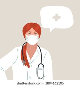 Doctor or Nurse wearing Medical Face Mask. Young  redhead medical person profession modern vector flat illustration. Doctor and hospital staff cartoon character and speech bubble. 