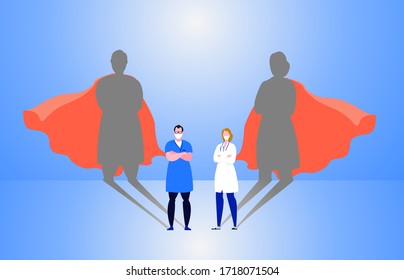 Doctor And Nurse Wearing Medical Masks With Superhero Shadow On The Wall. Hospital Staff, Nurses Heroes Fight Corona Virus Pandemic, Epidemic. Strong, Courage, Brave Life Saving Medical .