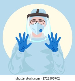 A Doctor Or A Nurse Wearing Protective Medical Face Mask, Face Shield, Protective Gown And Medical Disposable Blue Gloves