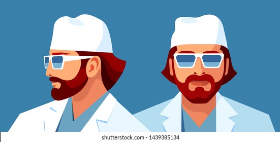 Doctor or nurse wearing white uniform. Two portraits of medical worker, front view and side view. Vector illustration