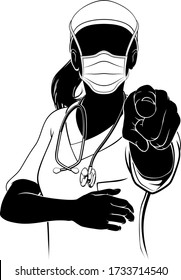 A doctor or nurse woman in silhouette wearing scrubs and PPE mask and pointing with her finger in a Needs You gesture. 