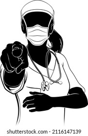 A doctor or nurse woman in silhouette wearing scrubs and PPE mask and pointing with her finger in a Needs You gesture. 