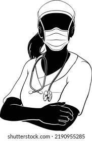 A doctor or nurse woman in silhouette wearing scrubs and PPE mask 