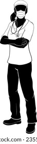 A doctor or nurse woman in silhouette wearing scrubs and PPE mask 