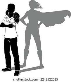 A doctor or nurse woman wearing scrubs in silhouette pointing with her finger in a Needs You gesture. Revealed as a super hero by her shadow.